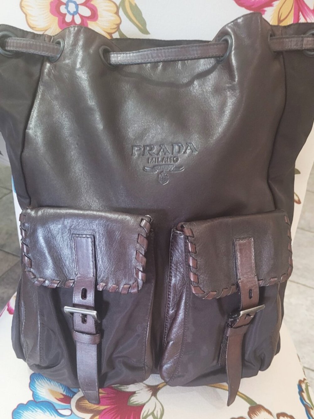 PRADA~Milano**Very Rare**Leather & Nylon Backpack 90's-2000's with Prada Card